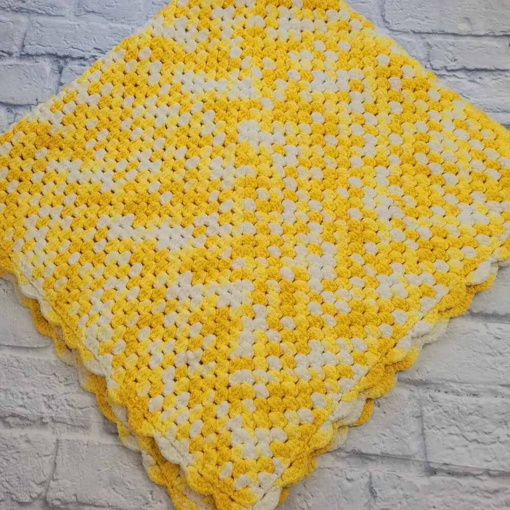 Yellow and White Crochet Handmade Afghan Blanket 40 inch square